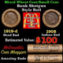 Small Cent Mixed Roll Orig Brandt McDonalds Wrapper, 1919-d Lincoln Wheat end, 1908 Indian other end
