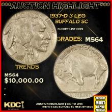 ***Auction Highlight*** 1937-d 3 Leg Buffalo Nickel 5c Graded ms64 BY SEGS (fc)