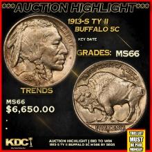 ***Auction Highlight*** 1913-s Ty II Buffalo Nickel 5c Graded ms66 BY SEGS (fc)