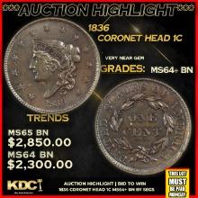 ***Auction Highlight*** 1836 Coronet Head Large Cent 1c Graded ms64+ bn BY SEGS (fc)