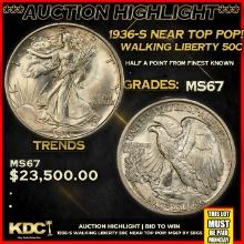 ***Auction Highlight*** 1936-s Walking Liberty Half Dollar Near Top Pop! 50c Graded ms67 BY SEGS (fc