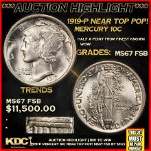 ***Auction Highlight*** 1919-p Mercury Dime Near Top Pop! 10c Graded ms67 FSB BY SEGS (fc)