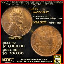 ***Auction Highlight*** 1921-s Lincoln Cent 1c Graded ms64+ rd BY SEGS (fc)