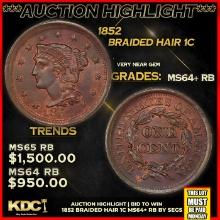 ***Auction Highlight*** 1852 Braided Hair Large Cent 1c Graded ms64+ RB BY SEGS (fc)