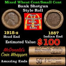 Small Cent Mixed Roll Orig Brandt McDonalds Wrapper, 1918-s Lincoln Wheat end, 1887 Indian other end
