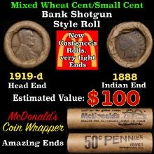 Small Cent Mixed Roll Orig Brandt McDonalds Wrapper, 1919-d Lincoln Wheat end, 1888 Indian other end
