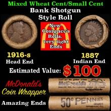 Small Cent Mixed Roll Orig Brandt McDonalds Wrapper, 1916-s Lincoln Wheat end, 1887 Indian other end