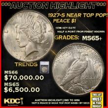 ***Auction Highlight*** 1927-s Peace Dollar Near Top Pop! $1 Graded ms65+ BY SEGS (fc)