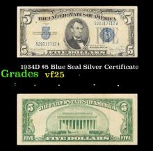 1934D $5 Blue Seal Silver Certificate Grades vf+