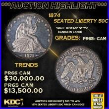 ***Major Highlight*** 1874 Proof Seated Half Dollar 50c pr65+ cam SEGS (fc)