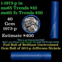 BU Shotgun Jefferson 5c roll, 1973-p 40 pcs Bank $2 Nickel Wrapper