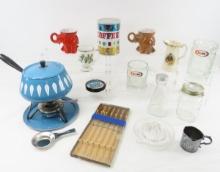Vintage Enamel Fondue Pot & Kitchen Collectibles