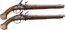 Pair of Engraved French Horse Pistols with Snap Bayonets
