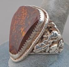 Men's Silver & Fire Agate Stone Ring, Sz.13