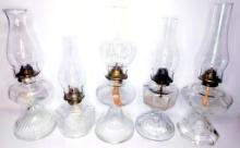 Grouping of Clear Glass Hurricane Oil Lamps, (5), No Shipping