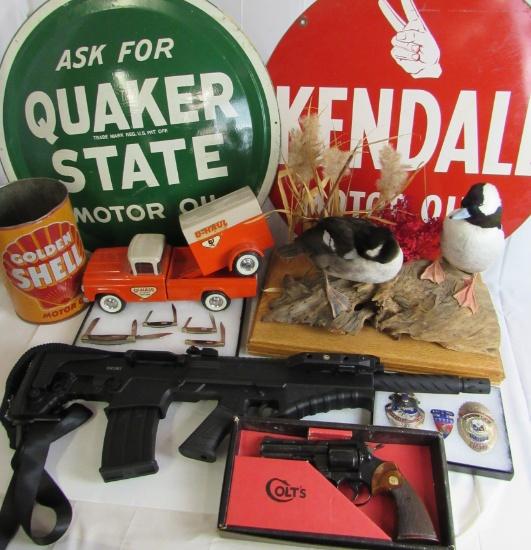 Huge Antique Auction Advertising Signs, Toys, Guns