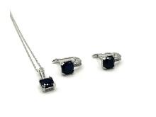 Sterling Silver Natural Blue Sapphire (4.25ct) With CZ ((0.44ct) Necklace and Earring