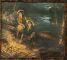 Very desirable tri-panel original framed cowboy/cowgirl Print, circa 1920s, measures 17 1/2 x 32 1/2