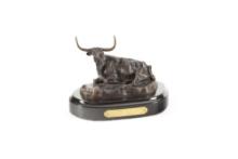 Bronze Sculpture on marble base marked  "Charles M. Russell", titled "The Texas Steer", measures 4 1