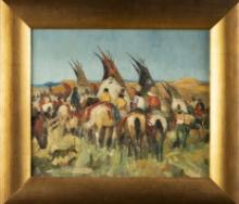 Beautiful original unsigned Oil on Canvas in gallery frame of Indians on Horseback, well painted wit