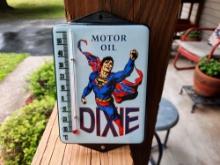 Porcelain Dixie Motor Oil Superman Thermometer Gas Station Dealer Thermometer