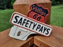 Cast Iron Phillips 66 Safety Pays License Plate Topper Fob Gas Oil Advertising
