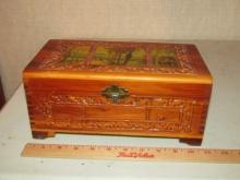 Vtg Carved Cedar Box W/ Decoupage Pictures And Dovetailed Corners