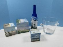 Lot Blown Glass Ice Bucket/Chiller Hand Painted Blue Glass Wine Bottle Seahorse Key