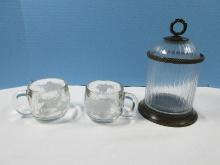 Lot 2 Nestle World Globe Coffee Cups, Glass Apothecary Jar w/ Metal Base, Trim and Finial 9"