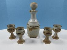 6pc Set Studio Art Pottery Stoneware 11" Decanter w/Cork Stopper & 4 Chalice 4 1/4" Goblets