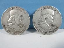 2-Coins 1957-D/1958-D Franklin Silver Half Dollar Liberty Bell Coins Denver Mint Mark 90% Silver