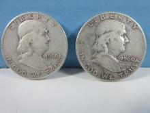 2 Coins-1960-D Franklin Silver Half Dollar Liberty Bell Coins Denver Mint Mark 90% Silver