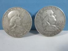 2 Coins-1963-D Franklin Silver Half Dollar Liberty Bell Coins Denver Mint Mark 90% Silver