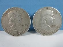 2 Coins 1961 Franklin Silver Half Dollar Liberty Bell Coins Philadelphia No Mint Mark 90% Silver