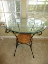 Black Wrought Iron Scroll and Arch Based 30" Round Table w/ Glass Top and Wire Lower Shelf