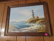 (LR)FRAMED PAINTING, SEASCAPE WITH LIGHTHOUSE. 18 3/8"X 14 3/8"