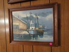 (LR)FRAMED PAINTING, SEASCAPE WITH DOCK. 18 1/2"X 14 1/2