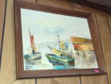 (LR) FRAMED CANVAS PAINTING, SEASCAPE HARBOR SCENE, 18 1/4"X 1/4 APPROX
