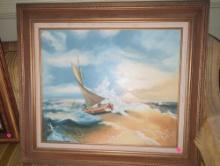 (DEN) PAINTED CANVAS OF A BOAT ON WAVES IN THE OCEAN IN WOODEN COOPER/BRASS TONED FRAME, APPROXIMATE