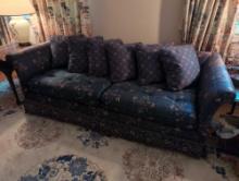 (UPOFC) BLUE FLORAL UPHOLSTERED TWO CUSHION SOFA WITH (6) BACK PILLOWS. IT MEASURES 82"W X 35"D X