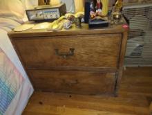 (UPBR1) ARTEFACTS OAK 2 DRAWER NIGHTSTAND, BRASS PULLS, IN GOOD CONDITION WITH SOME COSMETIC WEAR,