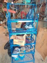 (GAR) LOT OF ASSORTED ITEMS TO INCLUDE, FOLDING BLUE METAL 5 SHELF UNIT, BOX OF ASSORTED SPORTS