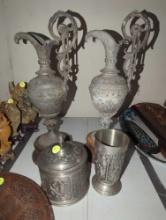 (LR) LOT OF 4 METAL ITEMS TO INCLUDE, 2 EWER CANDLE HOLDERS 16"H, 1 COVERED JAR 5 1/2"H, AND A ZINN