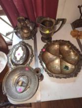 (LR) LOT OF 9 METAL ITEMS, NICKEL SILVER PITCHER, SILVER ON COPPER LAZY SUSAN, DUCK LADEL, QUADRUPLE