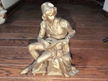 (LR) ANTIQUE SPELTER CAST METAL FIGURAL STATUE OF A FRENCH MAN PLAYING A LUTE. IT MEASURES 10"W X