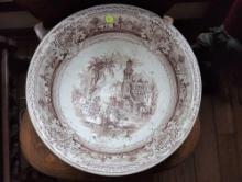 (LR) ANTIQUE OLD HALL WARE ITALY C.M.&S. BROWN TRANSFERWARE IRONSTONE WASH BOWL DEPICTING AN EARLY