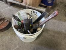PAIL OF ASSORTED TOOLS, PIPE WRENCH, HAMMERS, PINCH BAR SUPPORT EQUIPMENT