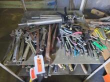 QTY OF ADJUSTABLE WRENCHES, VISE GRIPS, PLIERS, MISC ON MIDDLE SHELF SUPPORT EQUIPMENT