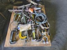 PALLET OF C-CLAMPS & (4) LEVER HOISTS, SHACKLES SUPPORT EQUIPMENT
