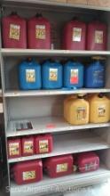 Lot on Display Shelf of Various Size/Type Plastic Fuel Cans for Gas, Kerosene and Diesel